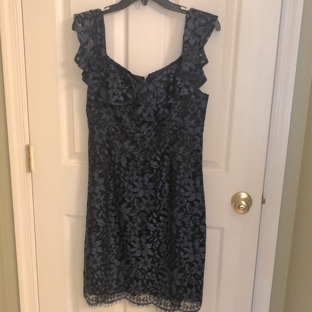 Trina Turk Navy Blue and Black Embroidered Sheath